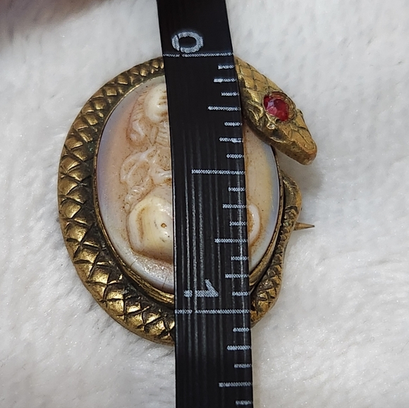 Vintage Shell Cameo Serpent Brooch Red Rhinestone Eye 1940s - Picture 2 of 14